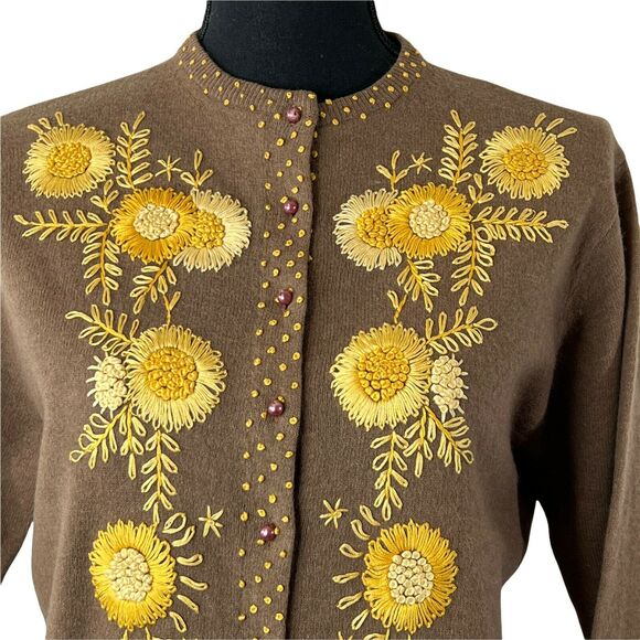 Vintage Knit Cardigan Dark Brown Wool Blend Hand Embroidered‎ Yellow Flowers S/M - Picture 7 of 12